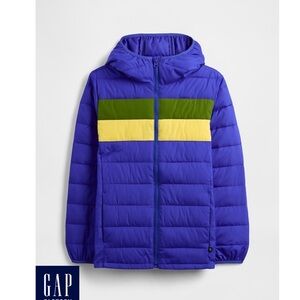GAP Colorblock Hooded Puffer Jacket in Bright Blue with Green & Yellow Bands XL
